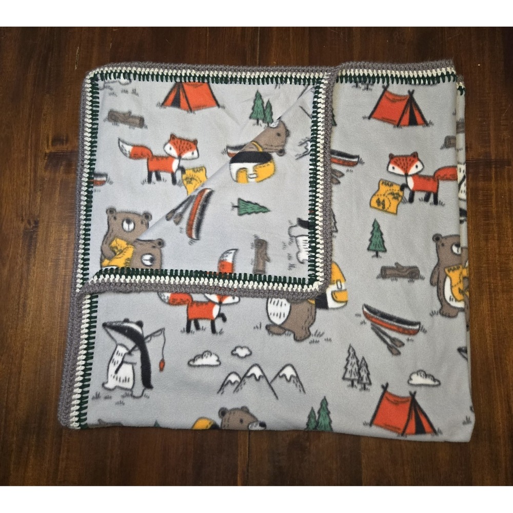 Handmade‎ Fleece Crocheted Edge Camping Animals Blanket 58x56 Large Gray Soft